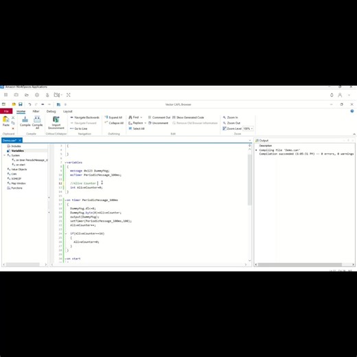 CAPL Tutor on Instagram: "Day 4-Part 2: Let's write a CAPL script "Send alive counter value in byte 0 of periodic message of 100msec" #CAPL #CANoe #Testing #AutomativeValidation #Vector #HILtesting #SystemTesting"