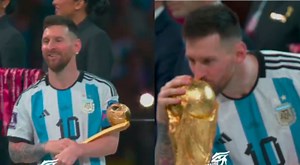 Lionel Messi y su beso "francés" a la Copa del Mundo antes de alzarla con sus compañeros  [VIDEO]