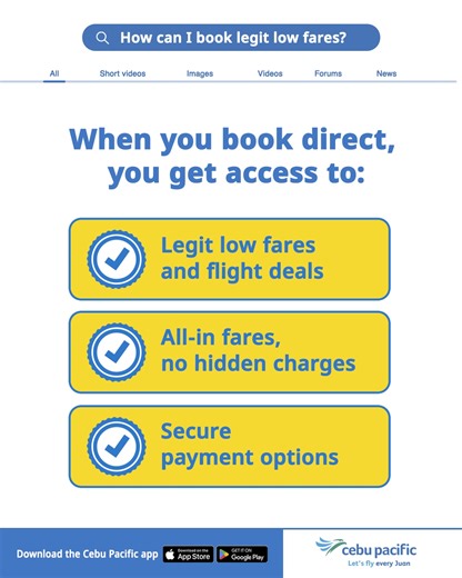 Pro tip: The best way to score low fares is to book direct with Cebu Pacific! When you book on the official Cebu Pacific website app, you aren’t just scoring legit seat sales fares. You’re also flying with peace of mind with our secure payment options and guaranteed bookings. Fly Easy, book now at cebupacificair.com or via the Cebu Pacific app: https://bit.ly/CEBAppDownload | Cebu Pacific Air