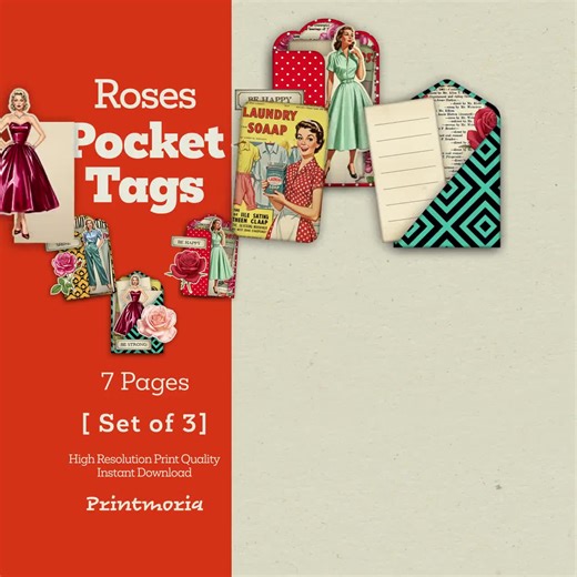 Roses Retro Pocket Tags Printable Ephemera Kit: Vintage Pin-up Girl Junk Journal Embellishment, Fussy Cuts, Words (digital Instant Download) - Etsy
