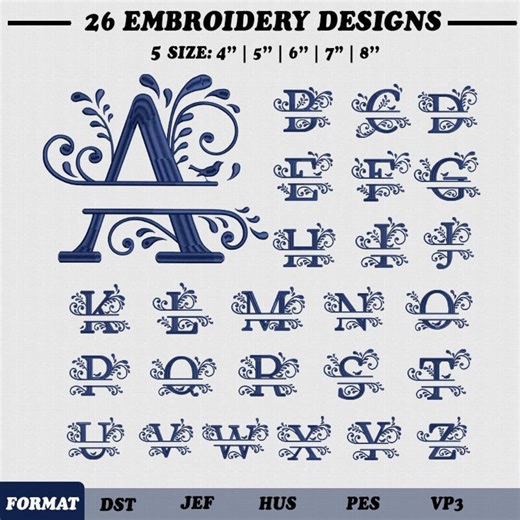 Split Monogram Embroidery Design Bundle, 26 Text Embroidery File, 5 Size, Instant Download. - Etsy