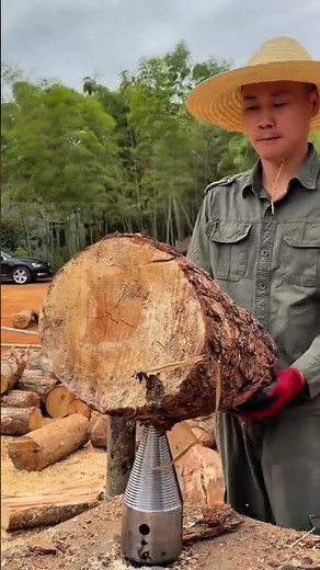 Splitting a Large Log Using a Powerful Drill Cone Wood Splitter for Efficient Firewood Processing