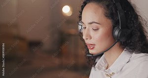 Stress, headache and woman in call center frustrated and overwhelmed with workload. Overtime, burnout and tired customer service agent consulting on phone call with anxiety, deadline and job crisis.