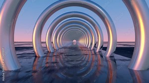 3D Animation of a flight through a alien science fiction landscape with strange artifacts.