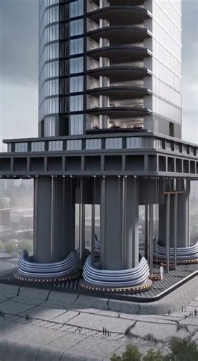 A dramatic engineering cross-section of a skyscraper during a massive earthquake.