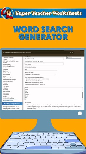 ✨ Your New FREE Favorite Classroom Hack ✨ With the Super Teacher Worksheets Word Search Generator, you can: ✅ Make custom puzzles for any subject or theme ✅ Adjust difficulty for any grade level ✅ Print instantly for no-prep fun Perfect for morning work, early finishers, sub plans, holiday themes, or review days! 🧩 Try it FREE today! DM us “PUZZLE” and we’ll send you the link so you can start creating your own custom word searches right away. #TeacherLife #WordSearch #TeachingTips #EdTech #Teac