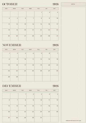 Printable Neutral Aesthetic October November December 2026 Calendar | A4 & US Letter | Portrait