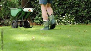 Man fertilizing and seeding residential backyard lawn with manual grass fertilizer spreader. Stock Video