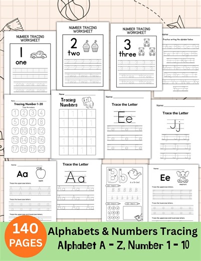 Alphabet and Number Tracing Worksheets Bundle, 140 Pages Printable Preschool Learning Pack, Handwriting Practice for Kids - Etsy