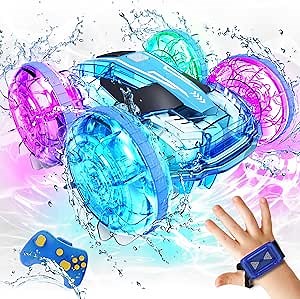 Tecnock Amphibious Remote Control Car Boat, 4WD Gesture RC Cars with Waterproof Remote Control, RC Stunt Car with LED Lights, Pool Toys for Kids Ages 8-12, Toys Gifts for Boys Girls