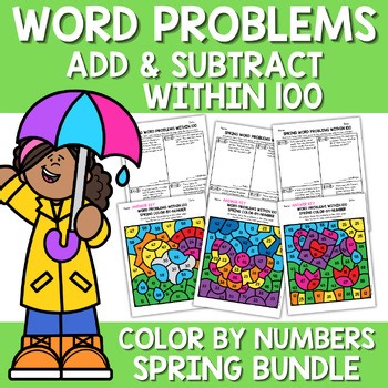 2nd Grade Spring Word Problems - Add/Subtract within 100 color by number bundle
