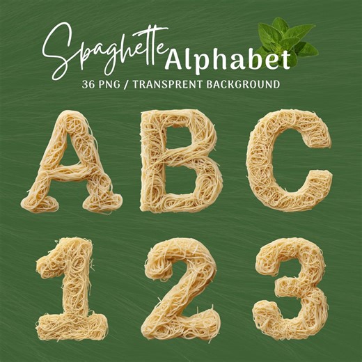 Spaghetti Alphabet Clipart, Pasta Letters and Numbers PNG, Food Font Digital Download - Etsy