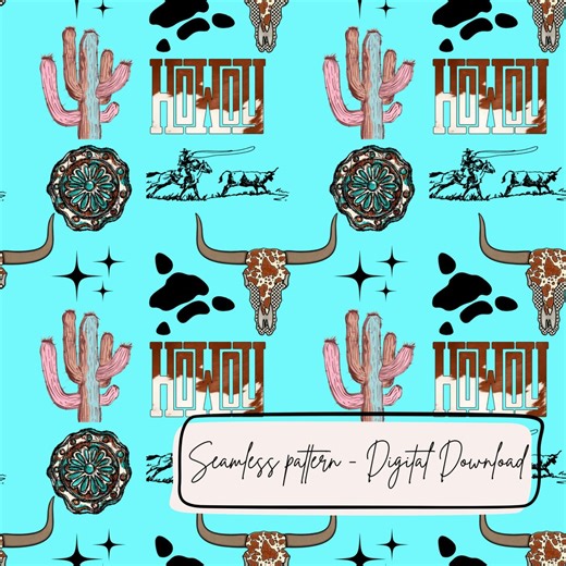 Howdy Western Seamless Pattern, Cow Skull Cactus Digital Paper, Turquoise Western Fabric, Boutique Rodeo Design, Instant Download - Etsy