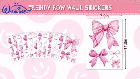 Whaline 12 Sheets Trendy Pink Bow Wall Stickers Light Pink Bow Knot Wall Decals Watercolor Room Mural Stickers for Girls Party Valentine's Day Home Bedroom Nursery, 7.9 x 11.8 Inch