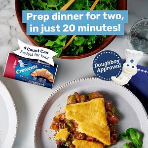 661 reactions · 68 shares | Bake up a simple, satisfying and Doughboy-approved dinner with classic Pillsbury™ Original Crescent Rolls. When you combine the flaky, homestyle bake of Pillsbury with a flavor-packed Progresso soup, you can create this delicious Crescent-Topped Beef Pot Pie for Two. It's a hearty dinner that easily brings you together on weeknights. Plus, less leftovers. | Pillsbury | Facebook
