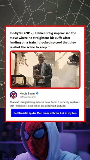 In Skyfall 2012 Daniel Craig improvised the move where he straightens his cuffs after landing on a t