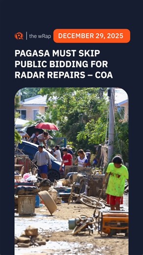 The Commission on Audit recommends that the state weather bureau PAGASA skip public biddings in order to speed up repairs of Doppler radars. Doppler radars enable meteorologists to monitor and forecast the weather, by providing real-time data on rain, wind speeds, and storm structure. Full story: https://www.rappler.com/philippines/coa-pagasa-speed-up-doppler-radar-repairs-direct-contracting/ | Rappler