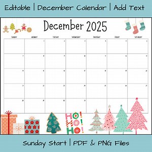 Editable December 2025 Printable Calendar | PDF and PNG Files