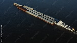 Towboat and Barges on the Mississippi River, Muscatine, Iowa, USA