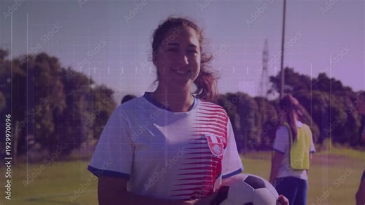 Maya holding soccer ball, coach blowing whistle causing animated arc leading team for sport drill