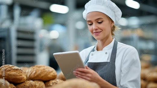 261Side-angle close-up of a woman baker reviewing quality control data on a tablet, bread loaves neatly arranged on factory display, clean professional bakery environment