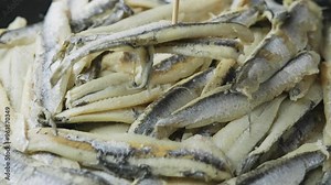 Picking Marinated Anchovies in vinegar with a wooden tooth stick