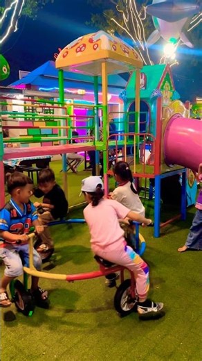 Riding a spinning bike on a swing together is really fun