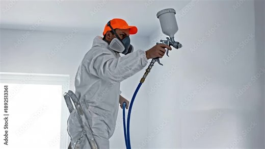 Professional man painter in a white protective suit and orange cap using a spray gun to paint an interior wall and ceiling white in a room