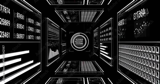 Cam zooming, hub cycling digits while panels filling charts and code showing data then simplifying