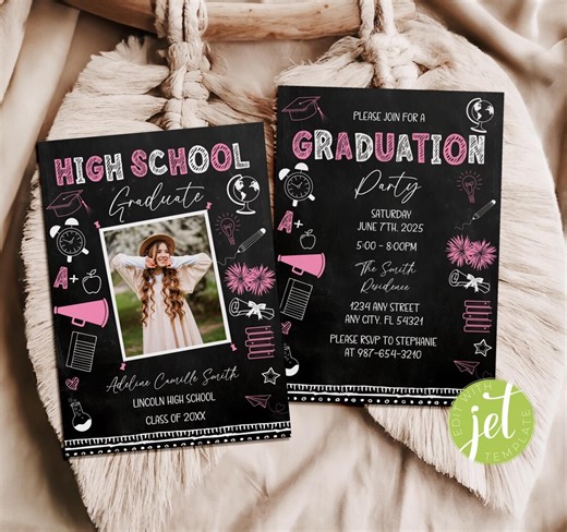 EDITABLE High School Graduation Announcement, Cheerleader Invitation, Chalkboard Invite, Graduation Ceremony, Pink & White Invite, Printable
