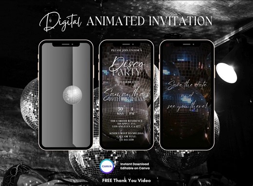 Disco Party Invitation, Disco Birthday Party Animated Invitation, Editable Disco Invitation, Disco Digital Invitation video, Canva Template