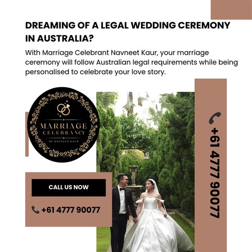 Planning to get married in Australia? Make your special day legal, memorable, and stress-free with Marriage Celebrant Navneet Kaur. Under Australian marriage law, a registered marriage celebrant ensures that your wedding ceremony follows all legal requirements while creating a meaningful and personalised experience for you and your partner. Navneet Kaur provides professional Marriage Celebrancy Services in Victoria, guiding couples through documentation, legal formalities, and a beautiful ceremo