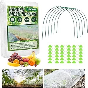 Garden Netting Kit, 10x30FT Ultra Fine Mesh Netting ＆6 Sets of 8FT Fiberglass Garden Hoops for Raised Beds, Vegetable Plants Fruits Flowers Birds Animals Barrier Protection Net