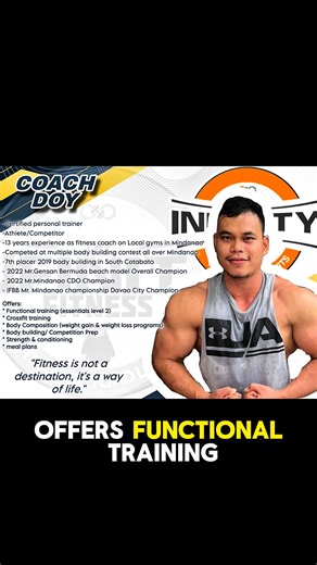 🏆 Elite Coach / Champion Credibility Train with a proven champion. Coach Doy is a certified personal trainer, athlete, and competitor with 13 years of coaching experience across Mindanao. ✔ IFBB Mr. Mindanao Davao City Champion ✔ 2022 WBPF Mr. Gensan Bermuda Beach Model Overall Champion ✔ 2022 Mr. Mindanao CDO Champion If you want real structure, discipline, and results, this is the coach to trust. 📩 Message now and start training like a champion. | Infinity fitness club