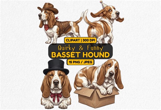 15 PNG Funny Basset Hound Clipart Bundle Whimsical Pet Portrait Dog Lover Gift Animal Art Hound Dog Decor SVG Quirky Stickers Commercial Use - Etsy