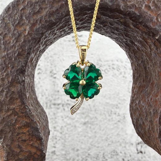 14k Shamrock 4 Leaf Clover Emerald and Diamond Pendant 14k Yellow Gold Necklace - 18 Inches - Etsy