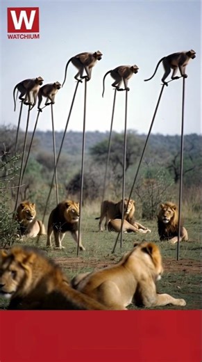 Clever Monkeys Trick Lions and walk on stilts to cross safely through a lion area! #stiltwalker