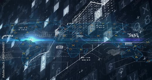 when light flare sweeping grid, blue wireframe world map pulsing chart animating to visualize data