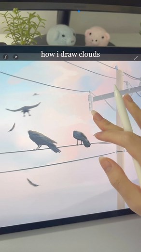 viyaura⋆˙⟡ on Instagram: "procreate tutorial for drawing clouds! my secret is the cloud brush bc literally all i do is scribble and it gives perfect fluffy clouds☁️⁣⁣ the brush is 'clouds' from aesthetic anime background brush set #drawing #digitalart"