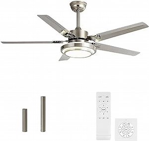 Ceiling Fan LED 48 '' Indoor/Outdoor Modern Ceiling Fans with Lights and Remote Control for Living Room, Bedroom, Bathroom, Kitchen, (5 Blades Silver)