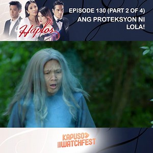 Haplos: Episode 130 (Part 2 of 4) Isang kakaibang biyaya ang naihandog kay Angela (Sanya Lopez). Ang simpleng haplos niya ang nagsisilbing lunas—maging sakit man ito o mga damdamin. Pero hindi pa niya batid ang tungkol dito. Hindi rin alam ni Angela na may kakambal pala ang kakayanan niyang ito. Lalabas ito sa katauhan ni Lucille (Thea Tolentino), kapatid niya sa labas. Kung panggagamot ang kakayanang makukuha ni Angela, pangungulam naman ang kay Lucille. Magugulo ang tahimik na buhay ni Angela 