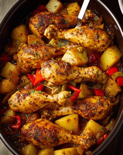 One-Pan Baked Chicken Drumsticks with Herb Potatoes & Peppers 🍗🥔🌶️ Prep Time: 15 minutes Cook Time: 55 minutes Servings: 4 Calories: ~580 kcal per serving 📝 Ingredients 8 chicken drumsticks 🍗 4 medium potatoes, peeled and cubed 🥔 1 red bell pepper, chopped 1 green bell pepper, chopped 1 medium yellow onion, chopped 3 garlic cloves, minced 🧄 3 tbsp olive oil 1 tsp smoked paprika 1 tsp dried oregano 1 tsp dried thyme 1/2 tsp chili flakes (optional) 🌶️ Salt & black pepper to taste 1/2 cup c
