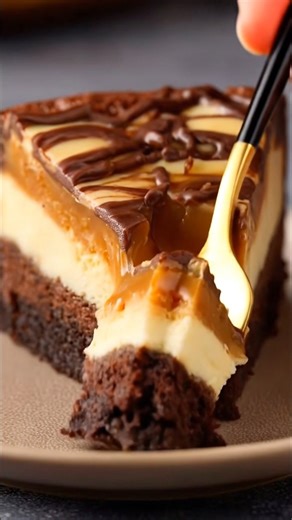 Dreamy Caramel Brownie Cheesecake 🍮 This dreamy caramel brownie cheesecake is the kind of dessert that makes everyone pause after the first bite — rich brownie on the bottom, creamy cheesecake in the middle, and a soft caramel swirl on top. It’s perfect for those cozy winter weekends when the house smells warm and sweet, and everyone lingers a little longer at the table. Save this one, share it, or tag someone who always asks for “just a small slice.” Yield: 8 generous slices Ingredients Browni