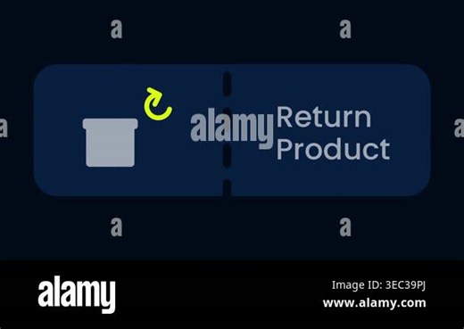 A return product feature button on a dark navy background with a yellow return box icon on the left and the bold white words Return Product on the right Stock Video Footage - Alamy