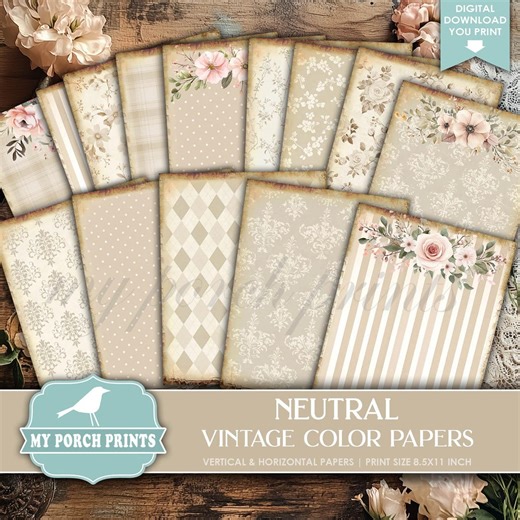Neutral Vintage Color Papers, Junk Journal, Vertical and Horizontal, Brown Tan Shabby, Backing, My Porch Prints, Printable, Digital Download - Etsy