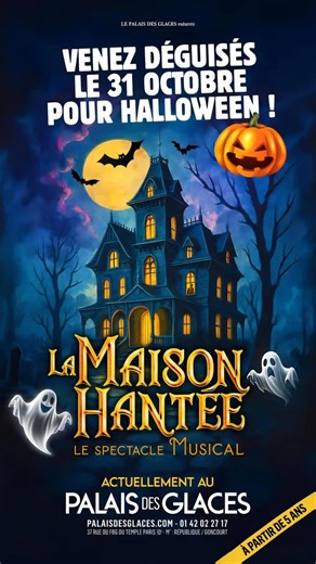 lamaisonhantee_lemusical on Instagram: "🎃 Le 31 octobre, Le Palais des Glaces devient LA Maison Hantée ! Viens déguisé pour vivre un Halloween plein de rires, de frissons… et de surprises monstrueuses pour vos petits fantômes 👻 🕸️ Et parce qu’à plusieurs c’est encore plus fun… 👉 Mentionne tes copains et copines en commentaire pour venir flipper ensemble ! 🎟️ Réserve vite ta place avant qu’il ne soit trop tard ! Lien en Bio #LaMaisonHantée #HalloweenParis #PalaisDesGlaces #SpectacleKids #Sor