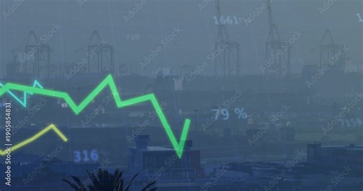 Number fading in starting data chart showing green line rising, cyan, yellow tracking port trends