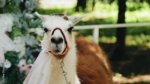 A funny alpaca looks directly into the camera. The animal is very curious and cute.
