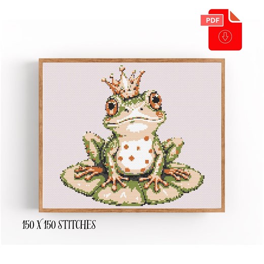 Frog Cross Stitch Pattern PDF, Lily Pad Chart, Tiny Crown Animal Design ( Digital file )