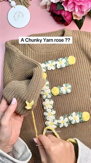 How to embroider a rose using chunky yarn on a knit. Beginner embroidery, learn to embroider